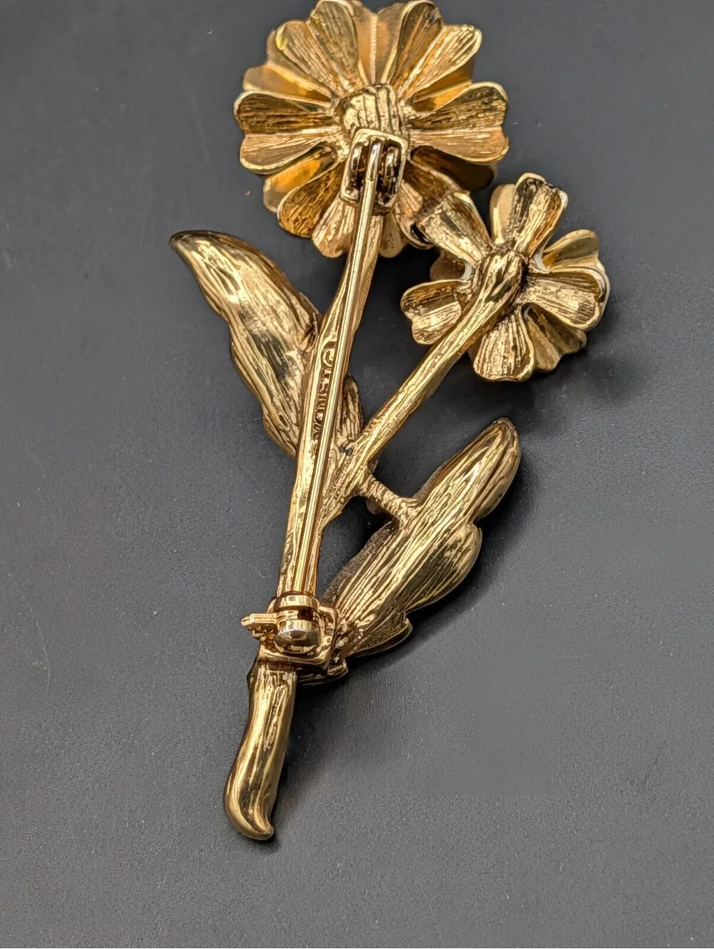 Vintage Monet Cream Enamel Flower Brooch Pin Gold Tone Rhinestone Floral Stem